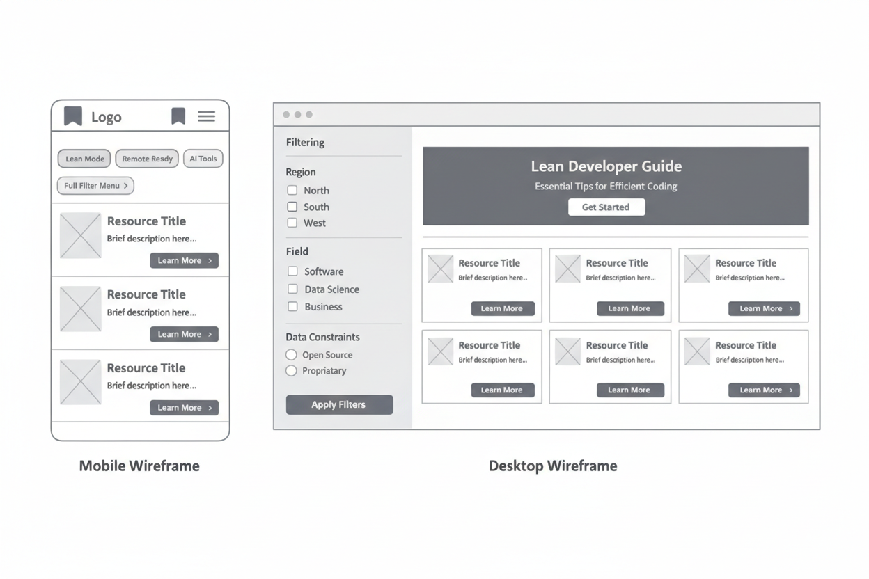 Project wireframes showing desktop and mobile layouts